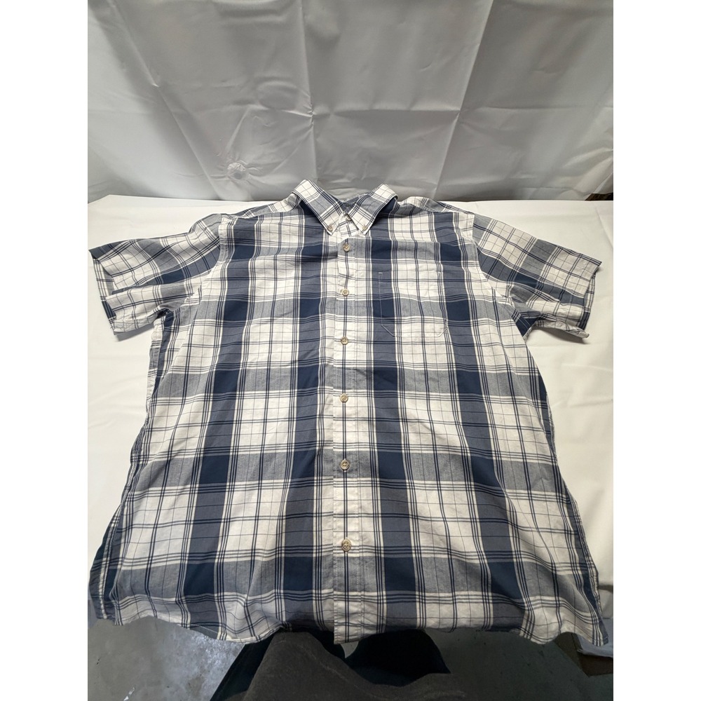 Eddie Bauer Mens XL Classic‎ Fit Plaid Short Sleeve Button Down Shirt Navy White